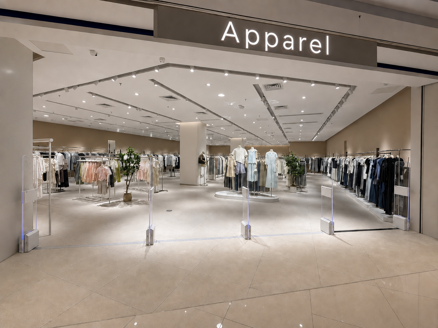 XTD4231 RFID EAS Gates installed inside a fashion retail store entrance