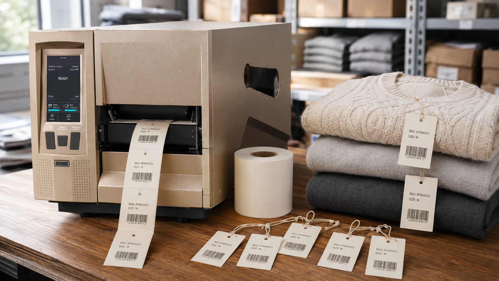 Standalone industrial RFID printer encoding roll-fed apparel hang tags