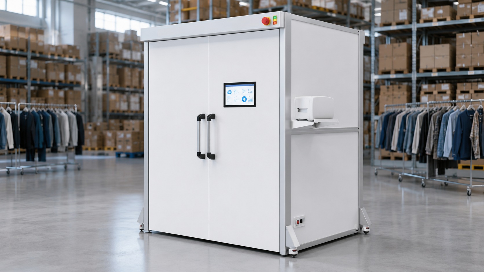 Industrial UHF RFID reader completing a closed-door apparel inventory cycle