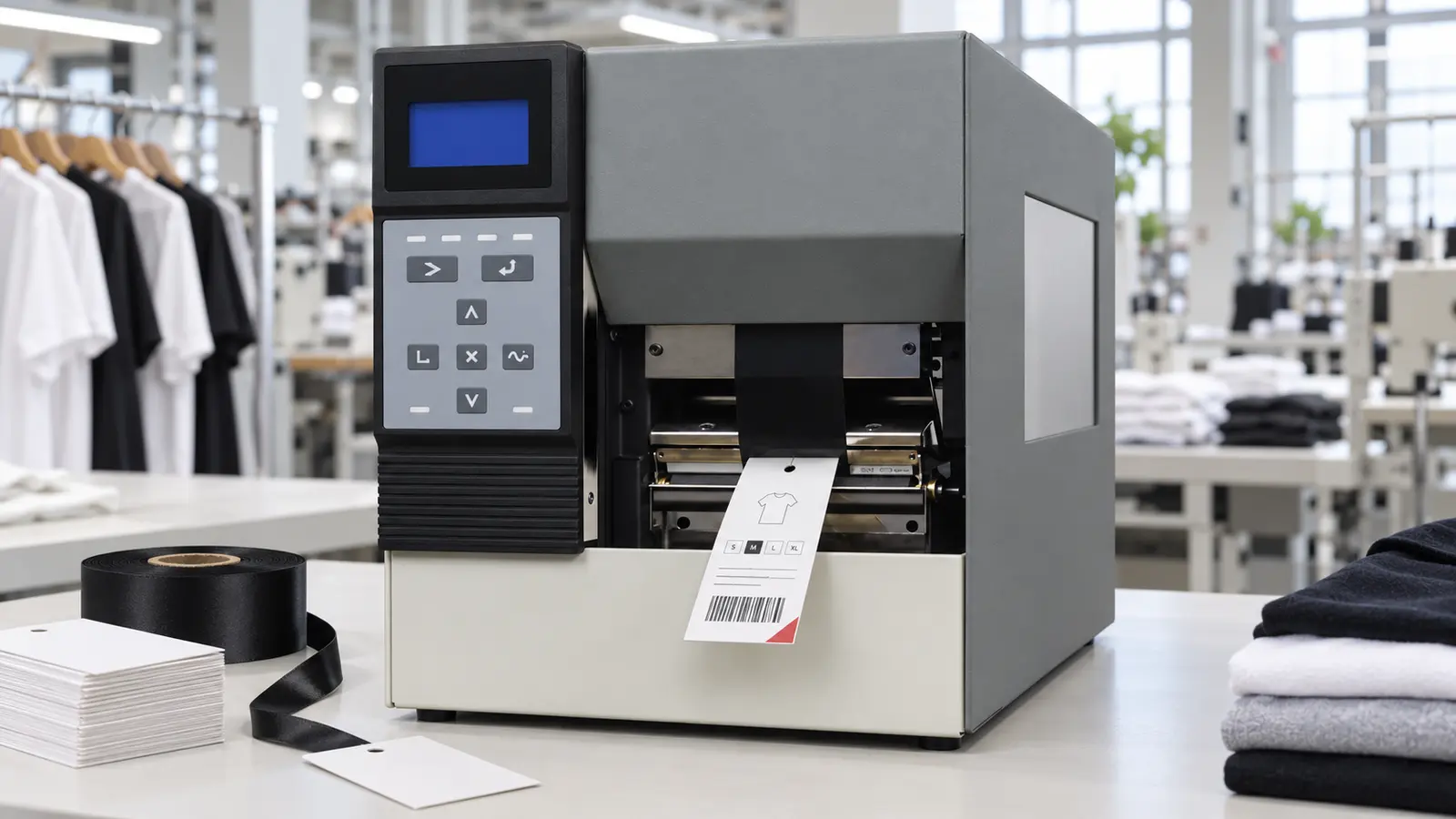 LG686R hang tag printer producing a single apparel price tag