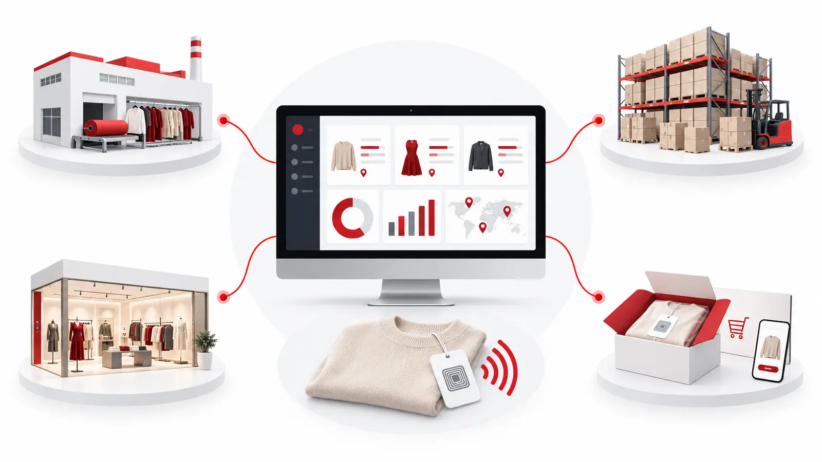 RFID software connecting apparel inventory across factory warehouse store and e-commerce RFID software connecting apparel inventory across factory warehouse store and e-commerce