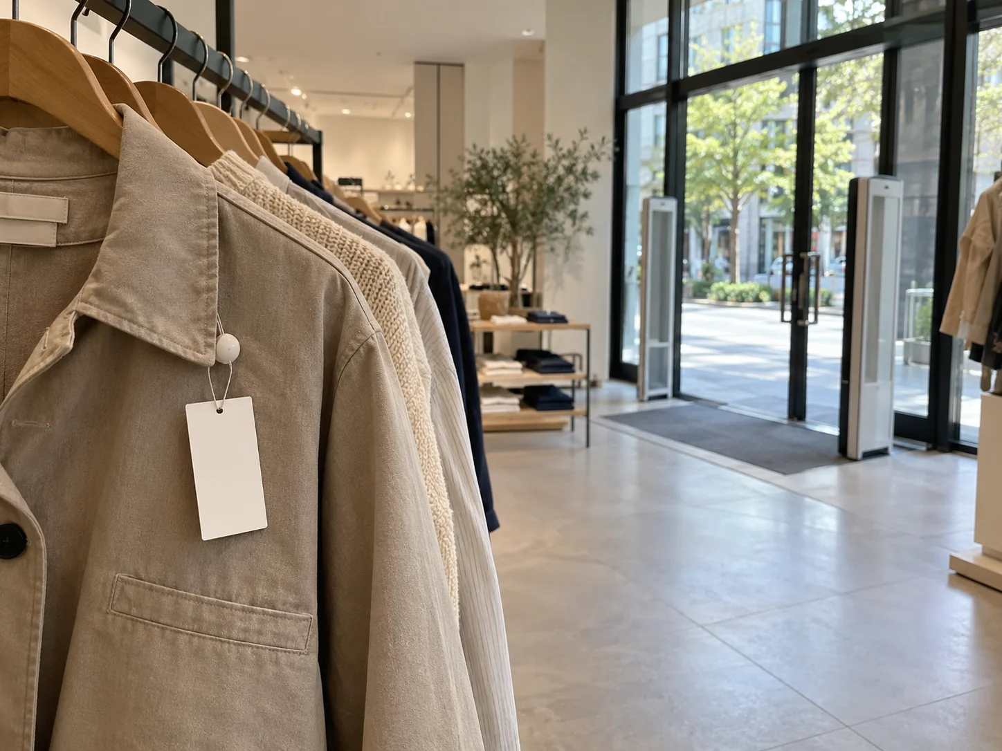 RFID hang tag on a jacket near the entrance of an apparel retail store
