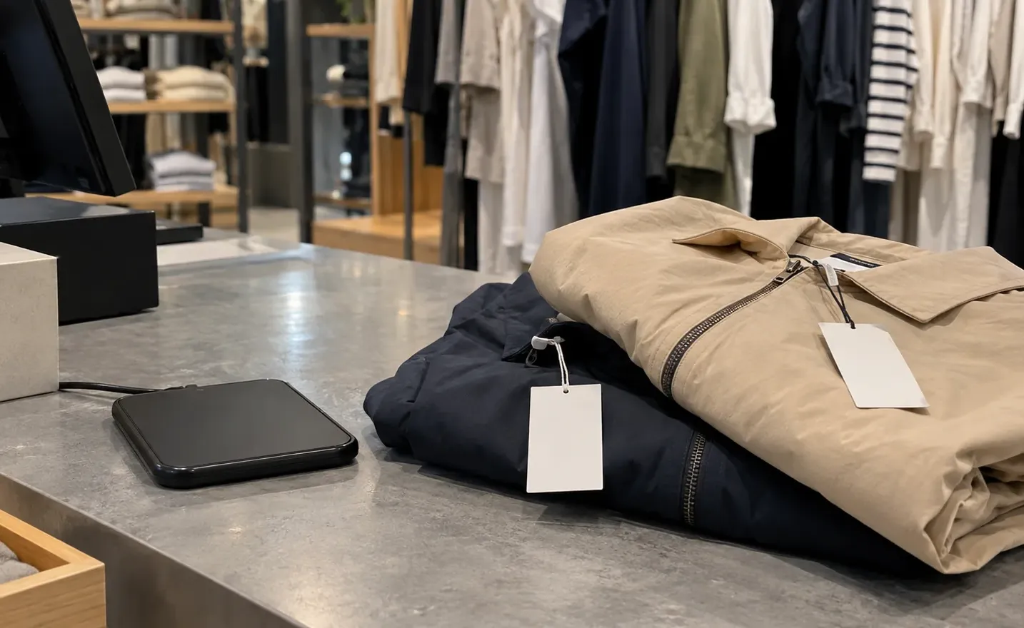 Tagged garments beside a compact RFID reader at a fashion store checkout