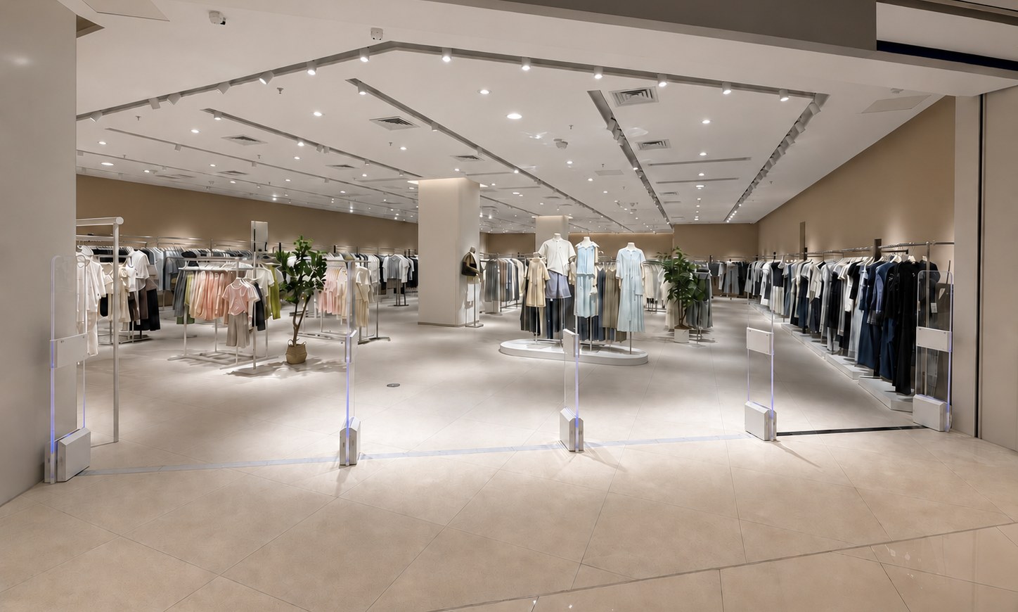 Two XTRFID XTD4231 pedestal RFID gates installed at a clothing store entrance