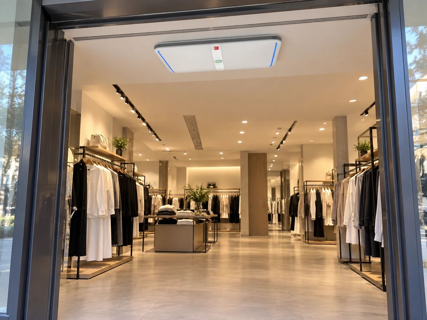XTRFID XTD4121 ceiling-mounted RFID reader above an open fashion store entrance